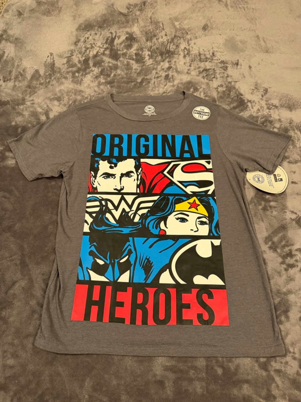DC Comics Grey Tee with Red, Blue, Black and Cream Hero Panels